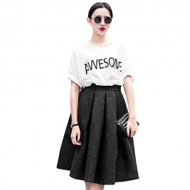 STYLISH HIGH WAIST PLEATED SHADOW STITCH MID-CALF PURE COLOR UMBRELLA SKIRT FOR WOMEN