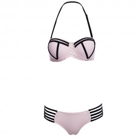 SEXY HALTER PADDED UNDERWIRE LACE-UP BRA   LOW ELASTIC WAIST HOLLOW OUT PATCHWORK COLOR BL