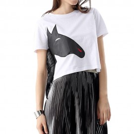 STYLISH ROUND COLLAR SHORT SLEEVE ANIMAL PRINT SIDE TASSEL COLOR BLOCK CROP TOP FOR WOMEN