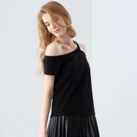 CASUAL OFF THE SHOULDER SHORT SLEEVE HOLLOW OUT SLIM T-SHIRT FOR WOMEN