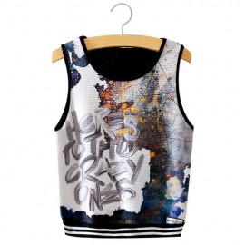 TRENDY ROUND COLLAR SEELELESS PRINT SLIM TANK TOP FOR WOMEN