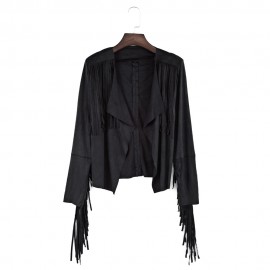 STREET STYLE TURN DOWN COLLAR LONG SLEEVE SOLID COLOR FRINGED COAT FOR WOMEN