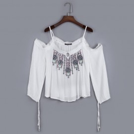 ETHNIC SPAGHETTI STRAP LONG SLEEVE CUT OUT EMBROIDERY LOOSE BLOUSE FOR WOMEN