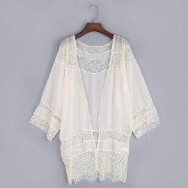 SWEET COLLARLESS FLARE SLEEVE LACE SPLICED KIMONO BLOUSE FOR WOMEN