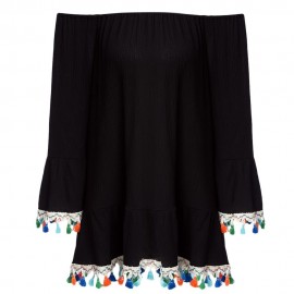 SWEET OFF THE SHOULDER FLARE SLEEVE RUFFLE TASSEL LOOSE T-SHIRT FOR WOMEN
