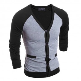 CASUAL PATCHWORK V NECK MALE LONG SLEEVE SHIRT