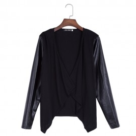 COLLARLESS LONG SLEEVE SPLICED KNITTED ASYMMETRICAL WOMEN CARDIGAN
