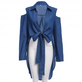 CHIC TURN-DOWN COLLAR CUT OUT BANDAGE DESIGN ASYMMETRICAL HEM DENIM CARDIGAN