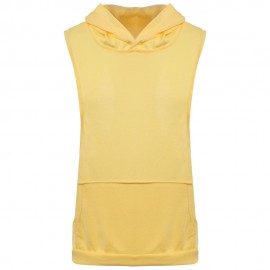 SIMPLE DESIGN HOODED SLEEVELESS FRONT POCKET SOLID COLOR T-SHIRT FOR MEN
