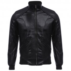 STYLISH STAND COLLAR ZIPPER DESIGN MALE WARM SLIM FIT LEATHER COAT