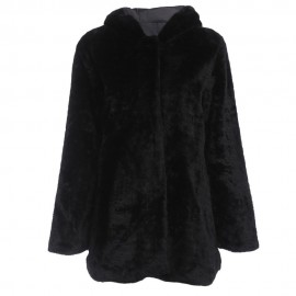 STYLISH HOODED LONG SLEEVE FAUX FUR PURE COLOR WARM COAT FOR LADIES