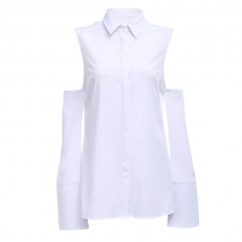 TRENDY LONG SLEEVE COLD SHOULDER SLIT BUTTON WOMEN SHIRT