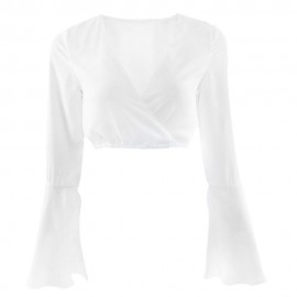 SEXY DEEP V NECK BELL SLEEVES ELASTIC WAIST SLIM WOMEN'S CHIFFON SHIRT