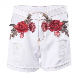 HIGH WAIST HOLLOW OUT EMBROIDERY RIPPED WOMEN SHORTS