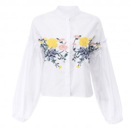 TRENDY LANTERN SLEEVE STAND COLLAR EMBROIDERY WOMEN SHIRT