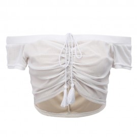 SEXY OFF THE SHOULDER TIE FRINGED RUCHED WOMEN CROP TOP