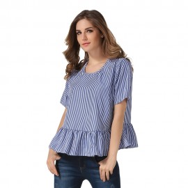 STYLISH ROUND COLLAR SHORT SLEEVE TIE RUFFLED WOMEN BLOUSE
