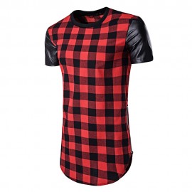 PU LEATHER PANEL SIDE ZIP UP PLAID LONGLINE T-SHIRT