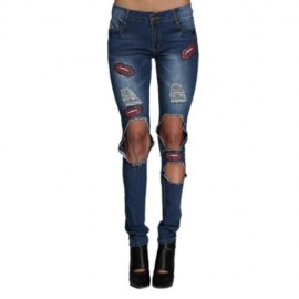 STREET STYLE MID WAIST PATCHWORK DESIGN HOLE JEANS FOR WOMEN (BLUE)