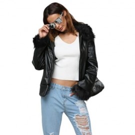 CHIC ROUND COLLAR FAUX LEATHER FUR SPLICED JACKET FOR WOMEN (BLACK)