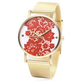466 UNISEX QUARTZ WATCH STAINLESS STEEL NET BAND EXQUISITE PATTERN DIAL WRISTWATCH (RED)