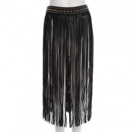PUNK METAL RHINESTONE DECORATION LADIES TASSEL SNAP FASTENER SKIRT BELT (BLACK)