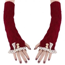 STYLISH LACE DECORATION BUTTON HOLLOW OUT DESIGN GIRLS LONG GLOVES (RED)