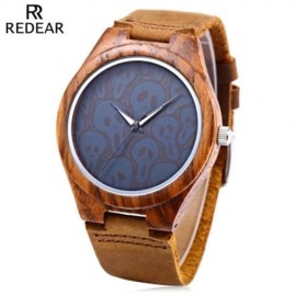 REDEAR MALE QUARTZ WATCH WATER RESISTANCE IMPORTED MOVT SKULL PATTERN WOODEN CASE WRISTWAT