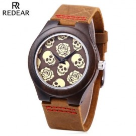 REDEAR FEMALE QUARTZ WATCH IMPORTED MOVT SKULL PATTERN WOODEN CASE WRISTWATCH (DEEP BROWN)