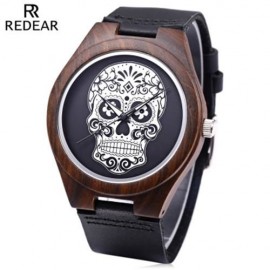 REDEAR MALE QUARTZ WATCH IMPORTED MOVT SKULL PATTERN DIAL WOODEN CASE WRISTWATCH (BLACK)