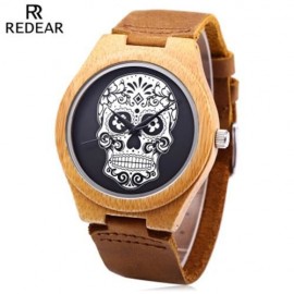 REDEAR MALE QUARTZ WATCH IMPORTED MOVT SKULL PATTERN DIAL WOODEN CASE WRISTWATCH (BROWN)
