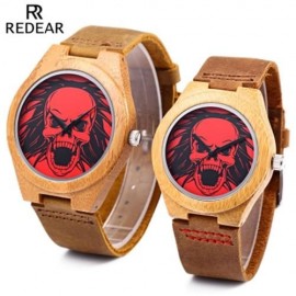 REDEAR COUPLE QUARTZ WATCH SKULL PATTERN DIAL IMPORTED MOVT WOODEN CASE LEATHER BAND WRIST