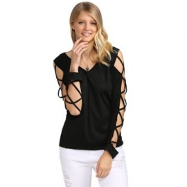 SEXY V NECK HOLLOW OUT SOLID COLOR T-SHIRT FOR WOMEN (BLACK)