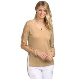 SEXY V NECK HOLLOW OUT SOLID COLOR T-SHIRT FOR WOMEN (KHAKI)