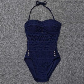 WOMEN LACE MESH LEGGING KNITTED HOLLOW OUT BIKINI SWIMMING SUIT (PURPLISH BLUE)