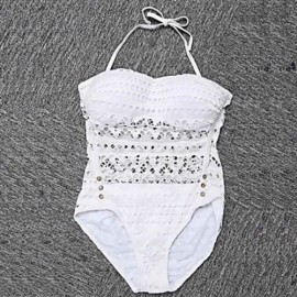WOMEN LACE MESH LEGGING KNITTED HOLLOW OUT BIKINI SWIMMING SUIT (WHITE)
