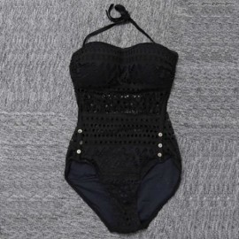 WOMEN LACE MESH LEGGING KNITTED HOLLOW OUT BIKINI SWIMMING SUIT (BLACK)