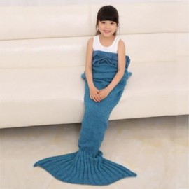 CHARMING GIRL CHILD MERMAID KNITTING AIR CONDITIONING SOFA SLEEPING BLANKET (LAKE BLUE)