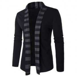 SLIM-FIT STRIPED SHAWL COLLAR CARDIGAN (BLACK)