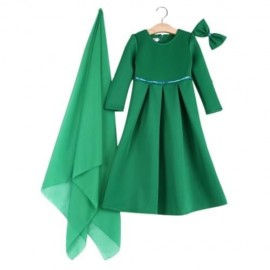 3PCS ROUND COLLAR LONG SLEEVE ZIPPER DRESS SOLID COLOR SCARF SEQUIN BOWKNOT HEADWEAR CLOTH