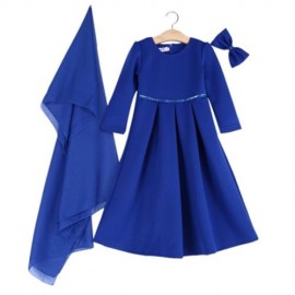 3PCS ROUND COLLAR LONG SLEEVE ZIPPER DRESS SOLID COLOR SCARF SEQUIN BOWKNOT HEADWEAR CLOTH