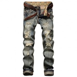 FRAYED ZIPPER FLY FIVE-POCKET STRAIGHT LEG RIPPED JEANS (BLUE)