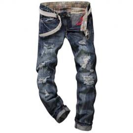 FRAYED ZIPPER FLY FIVE-POCKET STRAIGHT LEG RIPPED JEANS (DEEP BLUE)