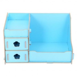 MULTIFUNCTIONAL WOODEN COSMETIC DESKTOP STORAGE BOX MAKE-UP ORGANIZER (BLUE)