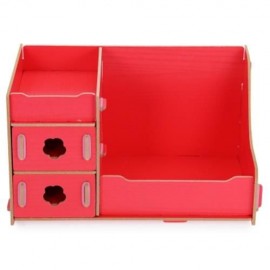 MULTIFUNCTIONAL WOODEN COSMETIC DESKTOP STORAGE BOX MAKE-UP ORGANIZER (RED)
