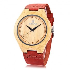 SKONE 9435G MALE WOODEN QUARTZ WATCH LEATHER BAND CONCISE DIAL 3ATM WRISTWATCH (RED)