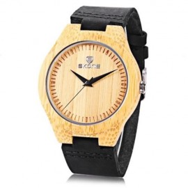 SKONE 9435G MALE WOODEN QUARTZ WATCH LEATHER BAND CONCISE DIAL 3ATM WRISTWATCH (BLACK)