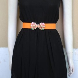 VINTAGE ARTIFICIAL GEM DECORATED METAL BUCKLE FLUORESCENCE COLOR ELASTIC BELT FOR WOMEN (C