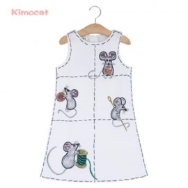 KIMOCAT BRIEF ROUND COLLAR MOUSE PRINT BEADED DRESS FOR GIRLS (WHITE)