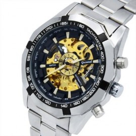 GUCAMEL G043 MEN AUTO MECHANICAL WATCH STAINLESS STEEL BAND HOLLOW DIAL LUMINOUS WRISTWATC